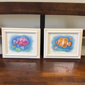 Pair framed Children Bedroom Caribbean Fish prints - 10 in. x 8 in.